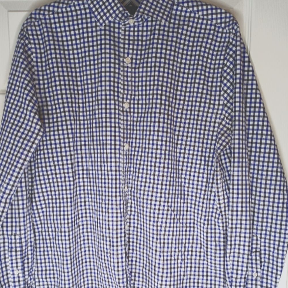 Austin Reed London M Black White Blue Plaid Long Sleeve Button Up Shirt